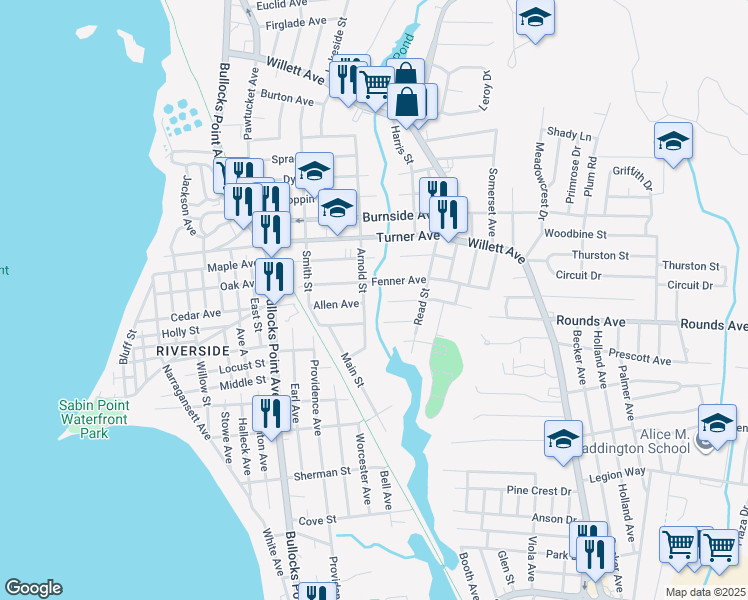 map of restaurants, bars, coffee shops, grocery stores, and more near 99 Allen Avenue in East Providence