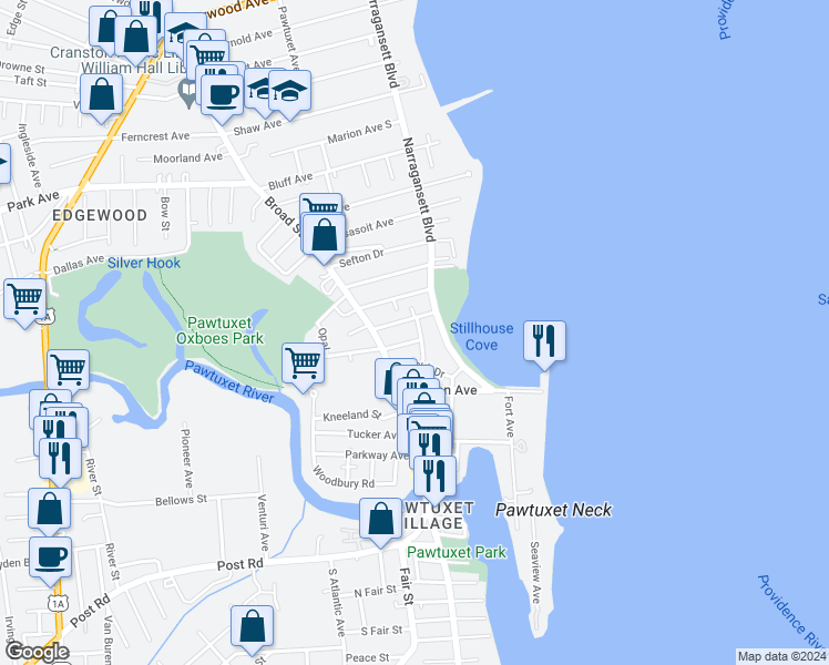 map of restaurants, bars, coffee shops, grocery stores, and more near 15 Selkirk Road in Cranston