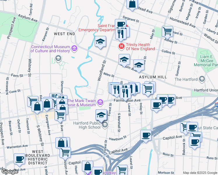 map of restaurants, bars, coffee shops, grocery stores, and more near 31 Gillett Street in Hartford