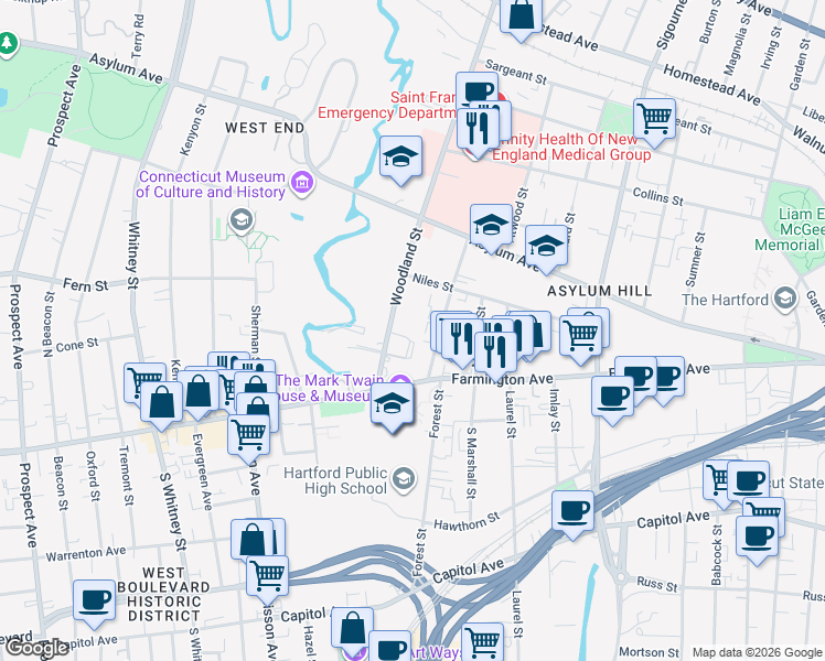 map of restaurants, bars, coffee shops, grocery stores, and more near in Hartford