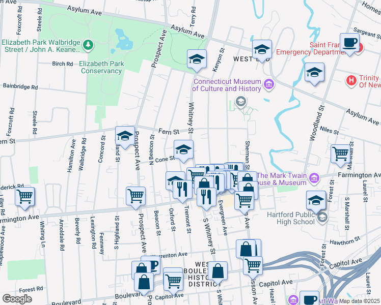 map of restaurants, bars, coffee shops, grocery stores, and more near 18 Cone Street in Hartford
