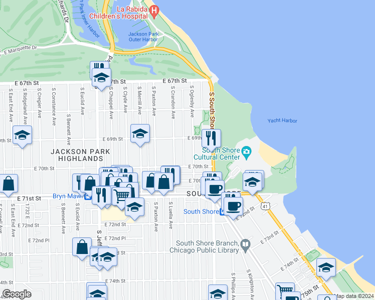 map of restaurants, bars, coffee shops, grocery stores, and more near 6926 South Oglesby Avenue in Chicago