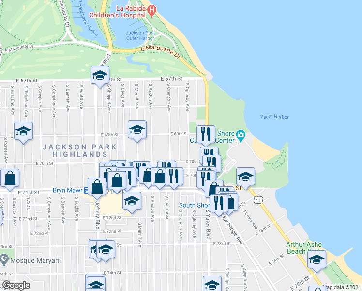 map of restaurants, bars, coffee shops, grocery stores, and more near 6926 South Oglesby Avenue in Chicago