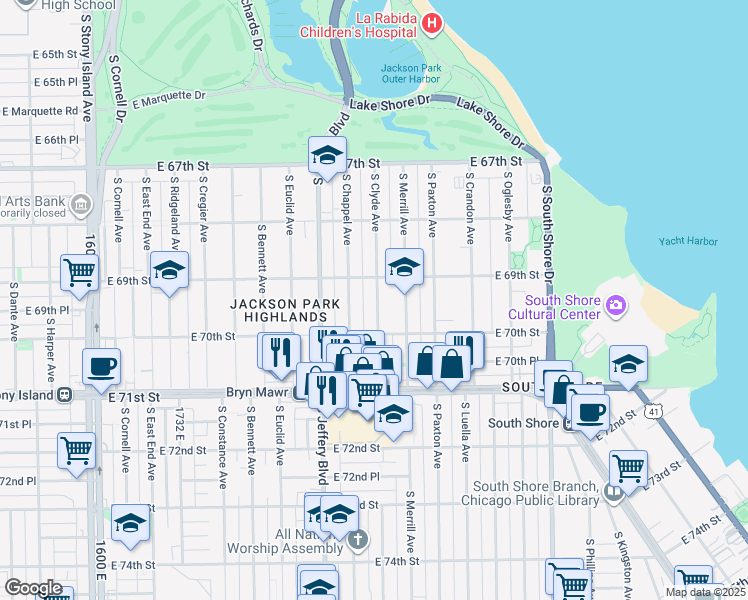 map of restaurants, bars, coffee shops, grocery stores, and more near 6930 South Clyde Avenue in Chicago
