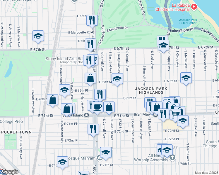 map of restaurants, bars, coffee shops, grocery stores, and more near 6938 South East End Avenue in Chicago