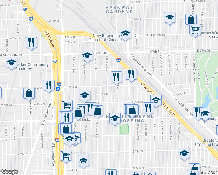 map of restaurants, bars, coffee shops, grocery stores, and more near 315 East 69th Street in Chicago