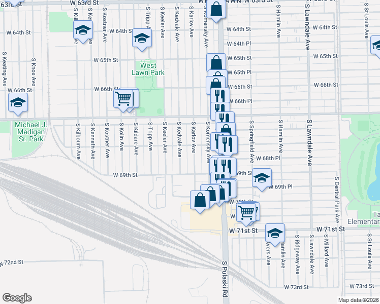 map of restaurants, bars, coffee shops, grocery stores, and more near 6817 South Kedvale Avenue in Chicago