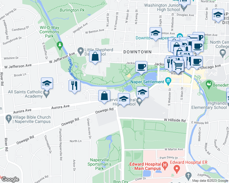map of restaurants, bars, coffee shops, grocery stores, and more near 751 Aurora Avenue in Naperville