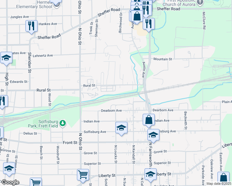 map of restaurants, bars, coffee shops, grocery stores, and more near 1147 Rural Street in Aurora