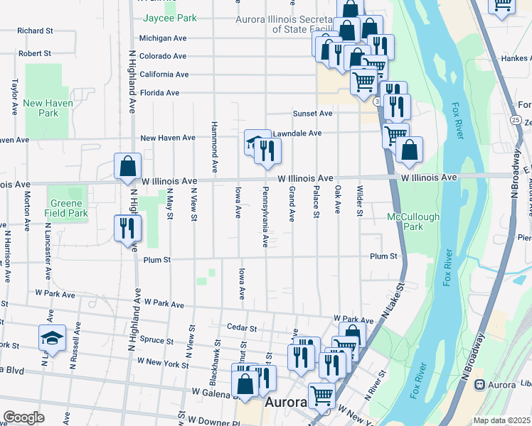 map of restaurants, bars, coffee shops, grocery stores, and more near 606 Pennsylvania Avenue in Aurora