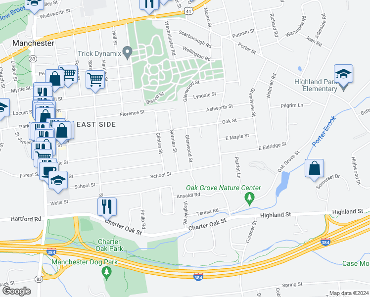 map of restaurants, bars, coffee shops, grocery stores, and more near 40 Glenwood Street in Manchester