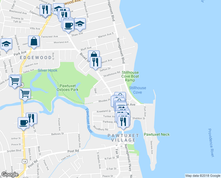 map of restaurants, bars, coffee shops, grocery stores, and more near 2072 Broad Street in Cranston