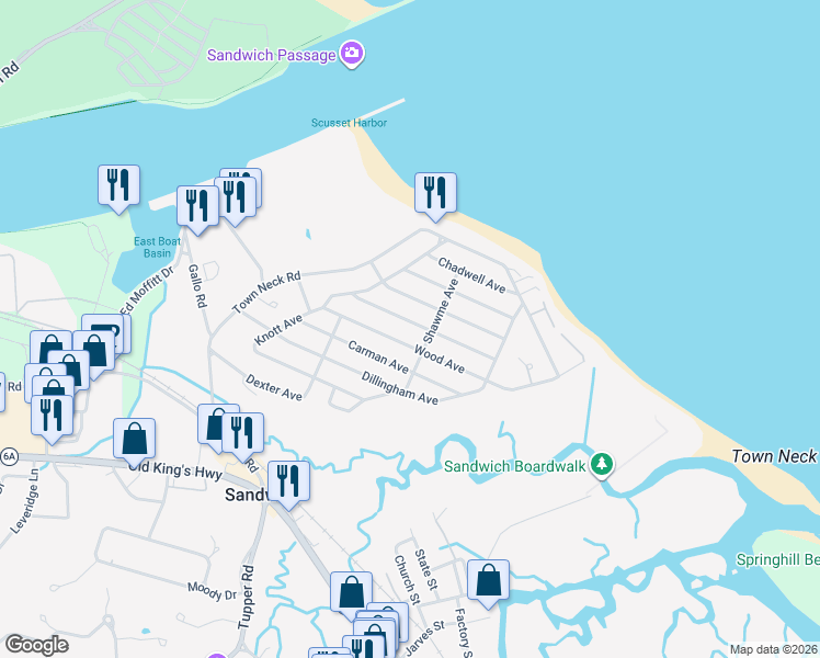 map of restaurants, bars, coffee shops, grocery stores, and more near 36 Tupper Avenue in Sandwich