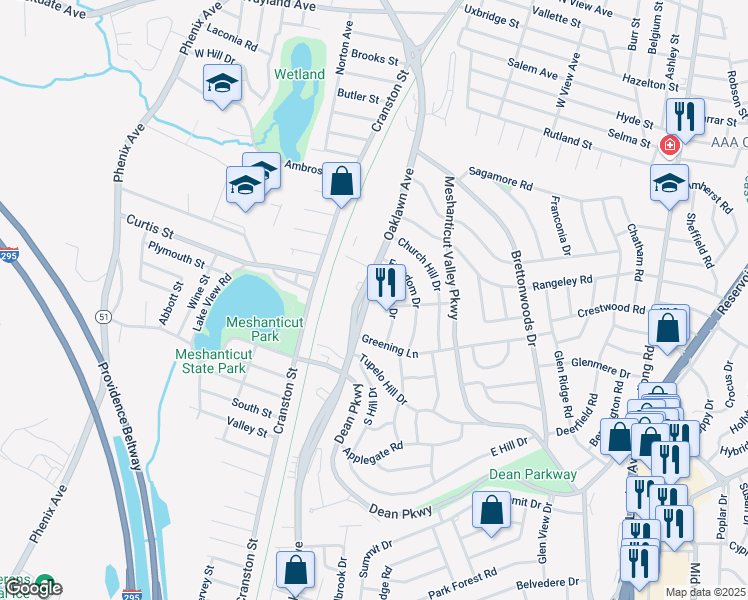 map of restaurants, bars, coffee shops, grocery stores, and more near 230 Oaklawn Avenue in Cranston