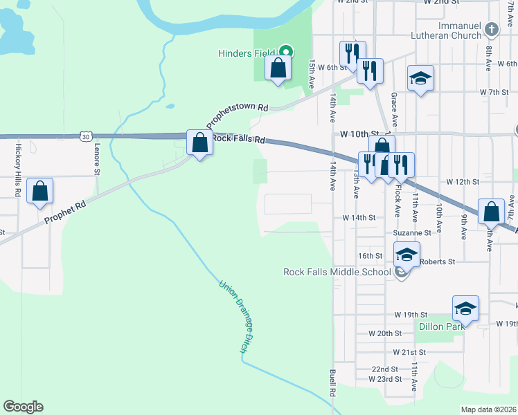 map of restaurants, bars, coffee shops, grocery stores, and more near 1506 Sunset Lane in Rock Falls