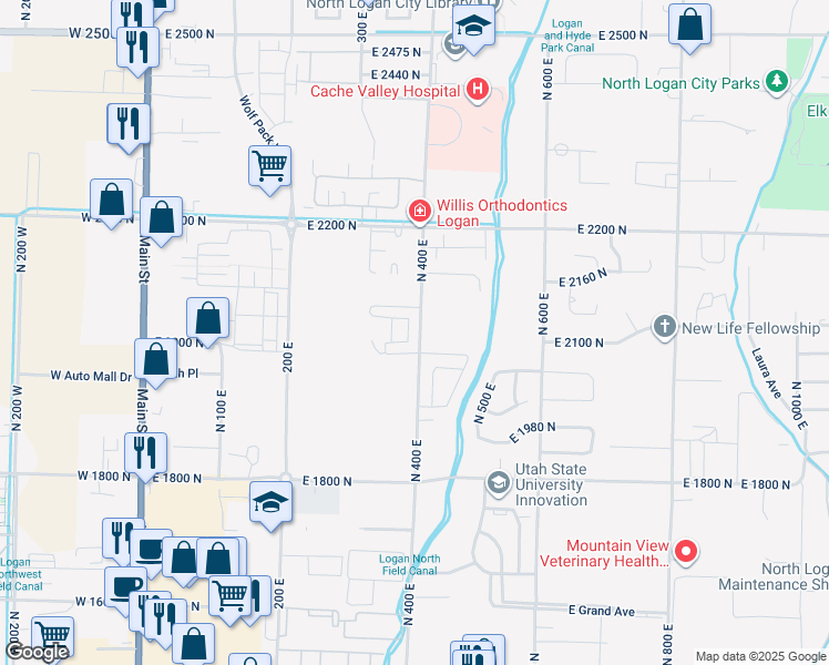 map of restaurants, bars, coffee shops, grocery stores, and more near 2044 North 400 East in North Logan