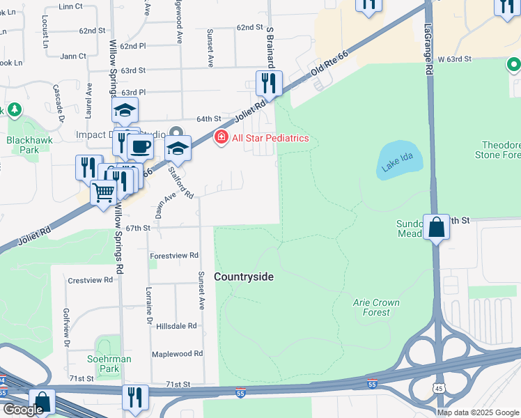 map of restaurants, bars, coffee shops, grocery stores, and more near 6700 South Brainard Avenue in Countryside