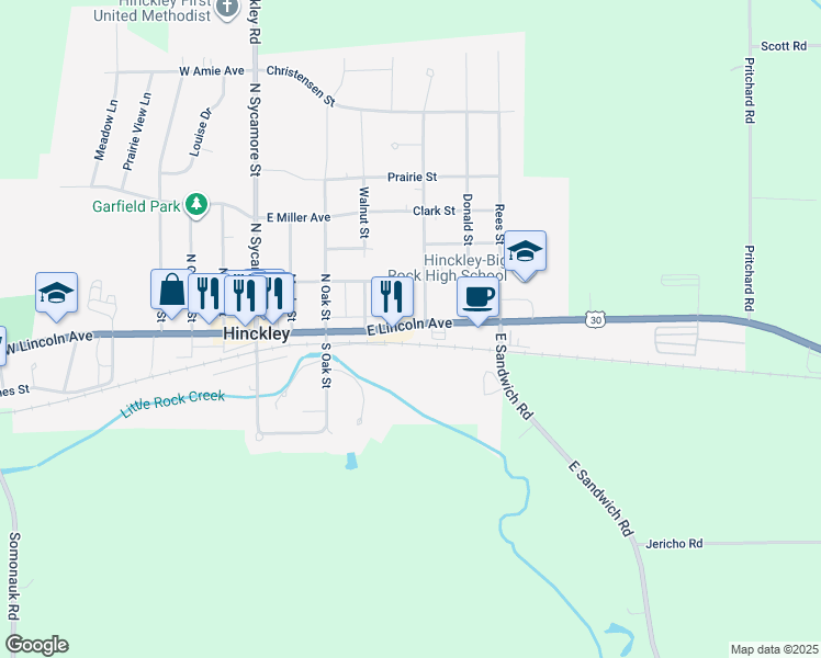 map of restaurants, bars, coffee shops, grocery stores, and more near 475 East Lincoln Avenue in Hinckley
