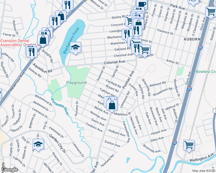 map of restaurants, bars, coffee shops, grocery stores, and more near 45 Bryant Road in Cranston