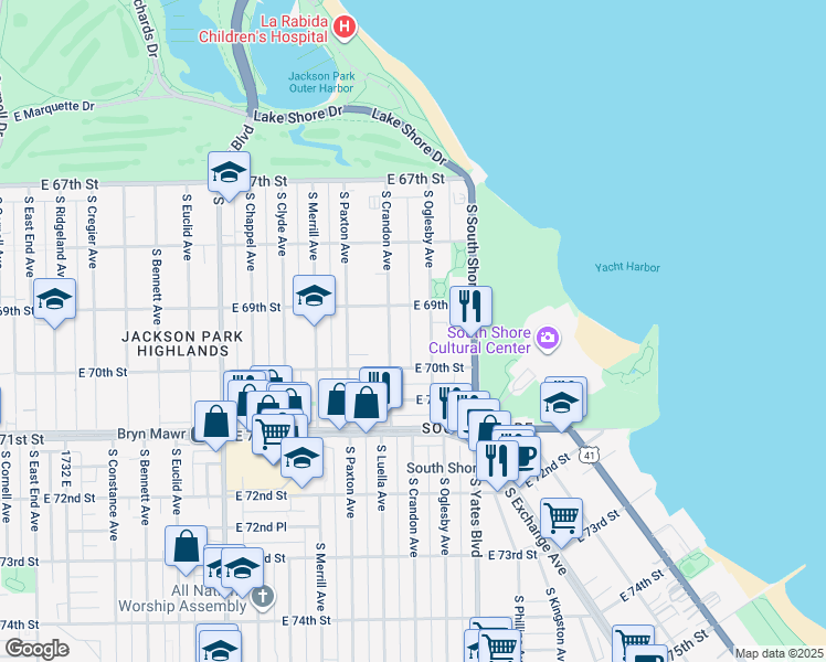 map of restaurants, bars, coffee shops, grocery stores, and more near 6920 South Oglesby Avenue in Chicago