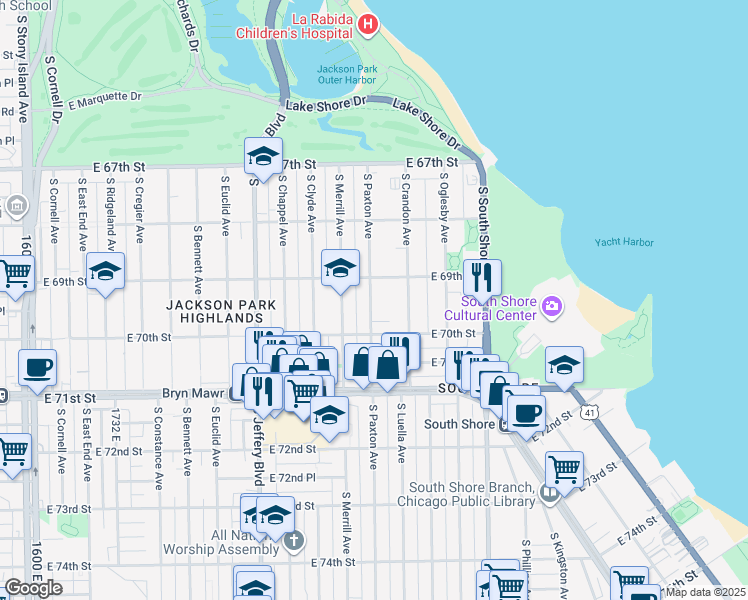 map of restaurants, bars, coffee shops, grocery stores, and more near 6917 South Paxton Avenue in Chicago