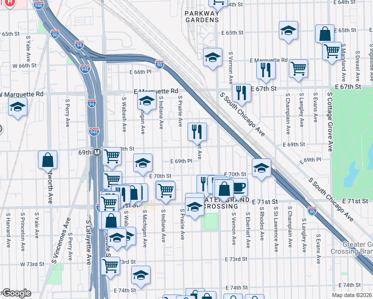 map of restaurants, bars, coffee shops, grocery stores, and more near 315 East 69th Street in Chicago