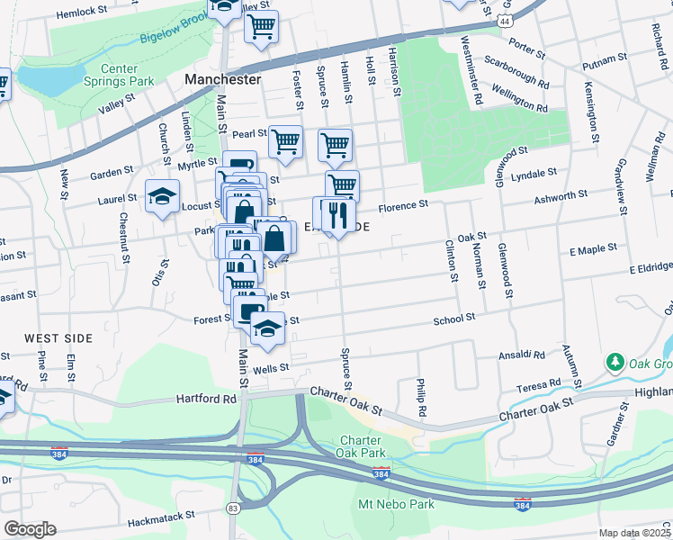 map of restaurants, bars, coffee shops, grocery stores, and more near 214 Spruce Street in Manchester