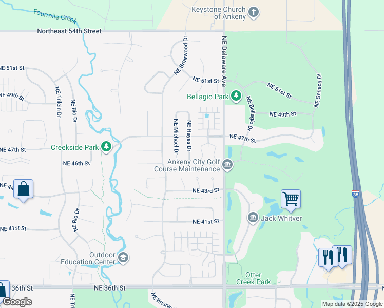 map of restaurants, bars, coffee shops, grocery stores, and more near 4519 Northeast Hayes Drive in Ankeny