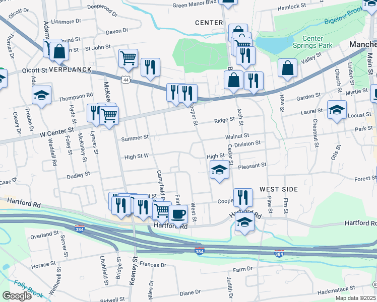 map of restaurants, bars, coffee shops, grocery stores, and more near 165 Walnut Street in Manchester