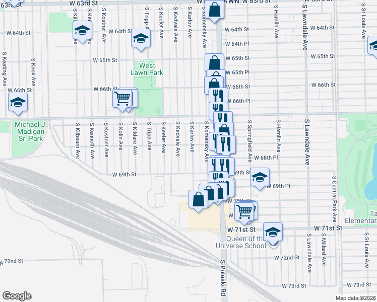 map of restaurants, bars, coffee shops, grocery stores, and more near 6817 South Kedvale Avenue in Chicago