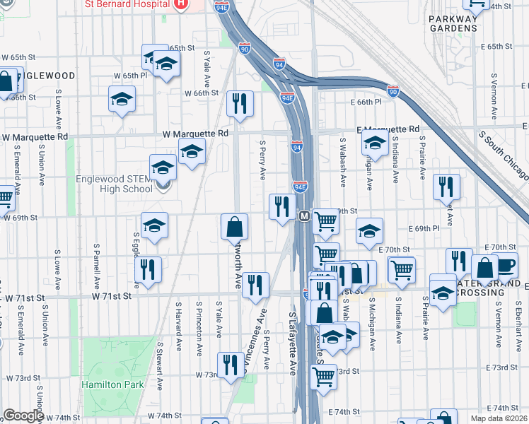 map of restaurants, bars, coffee shops, grocery stores, and more near S Perry Ave & W 69th St in Chicago