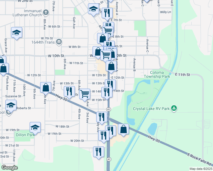 map of restaurants, bars, coffee shops, grocery stores, and more near 1300 1st Avenue in Rock Falls