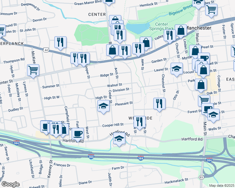 map of restaurants, bars, coffee shops, grocery stores, and more near 11 Beech Street in Manchester