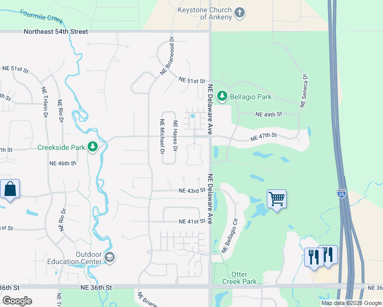 map of restaurants, bars, coffee shops, grocery stores, and more near 4548 Northeast McDougal Lane in Ankeny