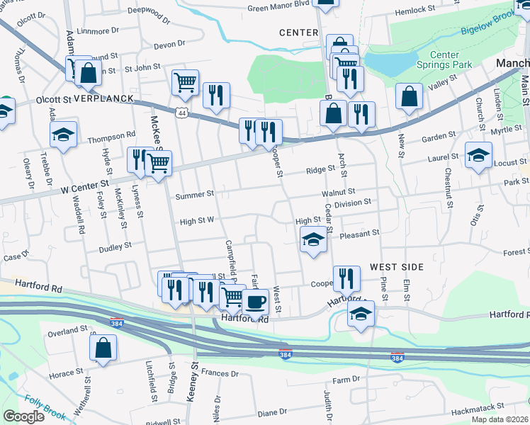 map of restaurants, bars, coffee shops, grocery stores, and more near 165 Walnut Street in Manchester