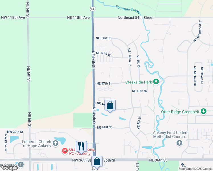 map of restaurants, bars, coffee shops, grocery stores, and more near 110 Northeast 47th Street in Ankeny