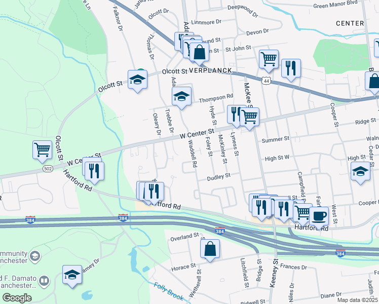map of restaurants, bars, coffee shops, grocery stores, and more near 30 Waddell Road in Manchester