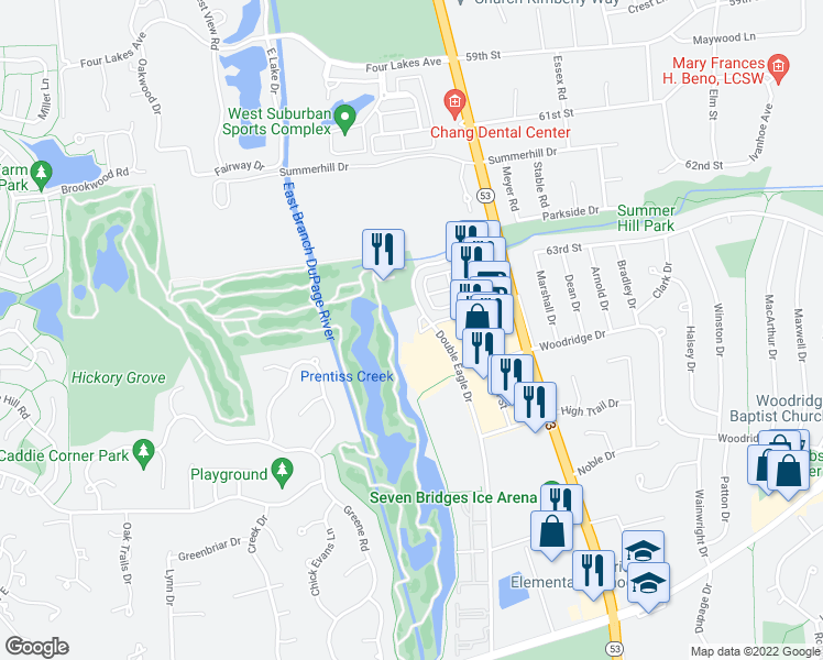map of restaurants, bars, coffee shops, grocery stores, and more near 6420 Double Eagle Drive in Woodridge