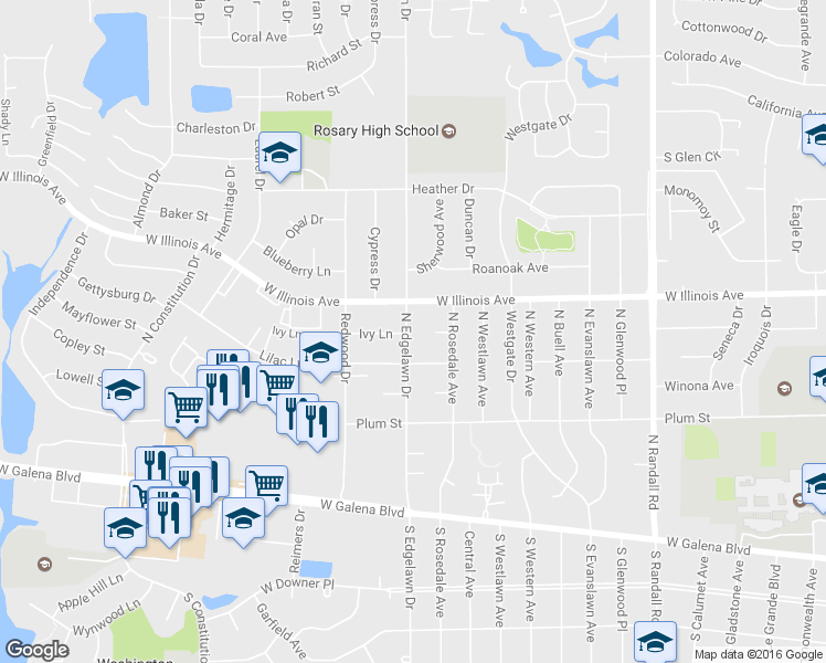 map of restaurants, bars, coffee shops, grocery stores, and more near 625 North Edgelawn Drive in Aurora