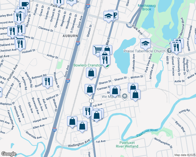 map of restaurants, bars, coffee shops, grocery stores, and more near 1500 Elmwood Avenue in Cranston