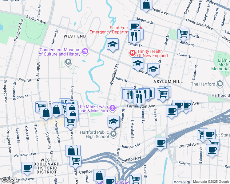 map of restaurants, bars, coffee shops, grocery stores, and more near 31 Gillett Street in Hartford