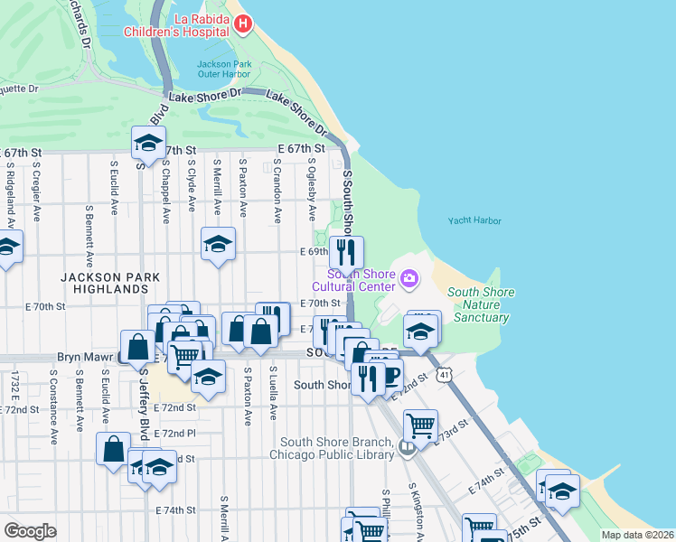map of restaurants, bars, coffee shops, grocery stores, and more near 6930 South South Shore Drive in Chicago