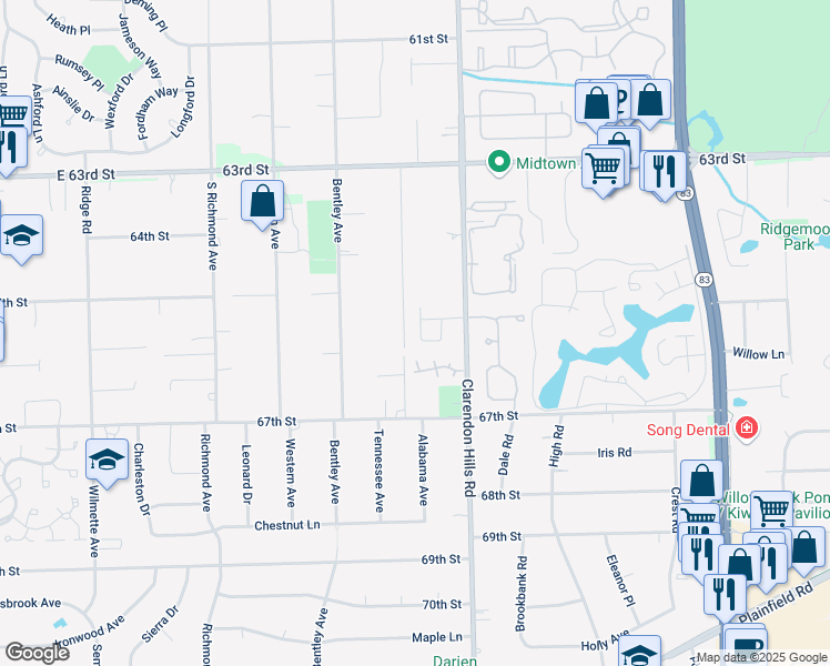 map of restaurants, bars, coffee shops, grocery stores, and more near 321 Arabian Circle in Willowbrook