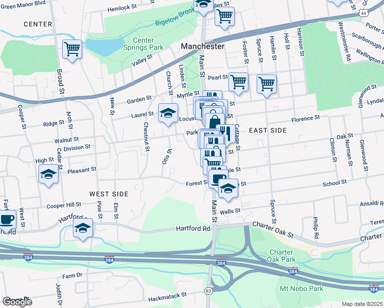 map of restaurants, bars, coffee shops, grocery stores, and more near 17 Garden Drive in Manchester