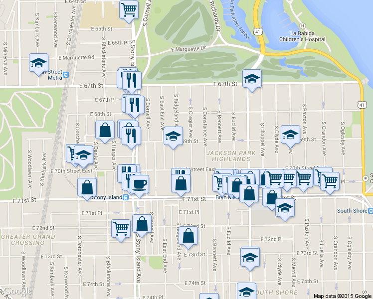 map of restaurants, bars, coffee shops, grocery stores, and more near 6926 South Cregier Avenue in Chicago