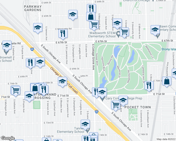 map of restaurants, bars, coffee shops, grocery stores, and more near 6930 South Cottage Grove Avenue in Chicago
