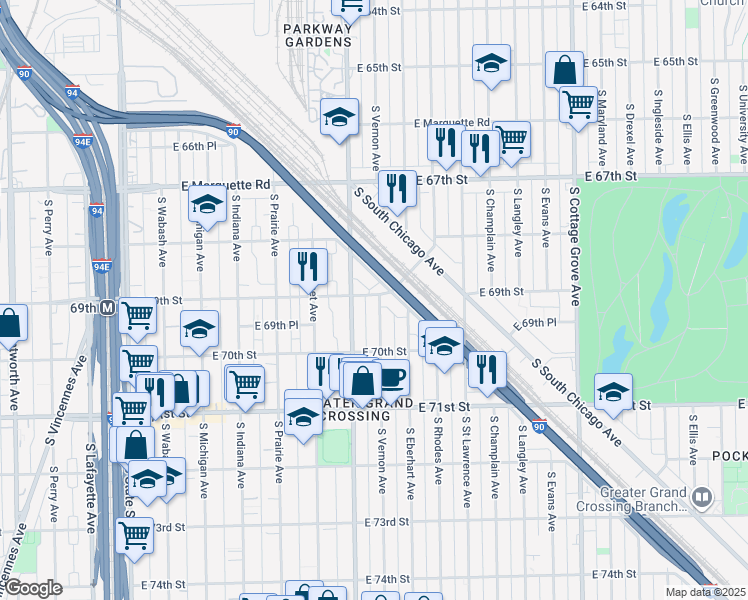 map of restaurants, bars, coffee shops, grocery stores, and more near 6909 South King Drive in Chicago