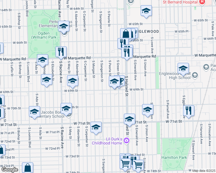 map of restaurants, bars, coffee shops, grocery stores, and more near 922 West 69th Street in Chicago