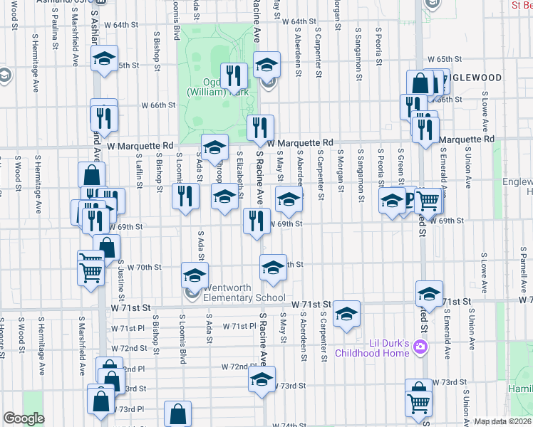 map of restaurants, bars, coffee shops, grocery stores, and more near 1154 West 69th Street in Chicago