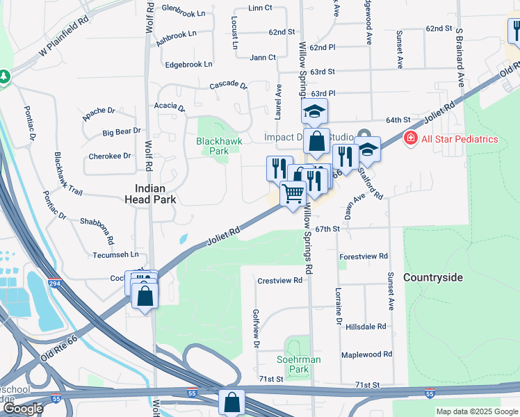 map of restaurants, bars, coffee shops, grocery stores, and more near 6704 Joliet Road in Countryside